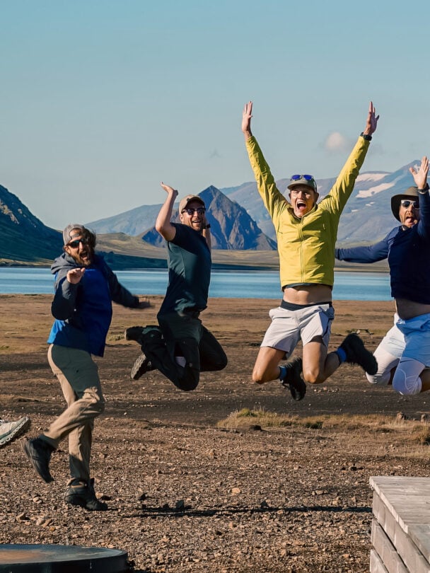 Group hikers Iceland happy